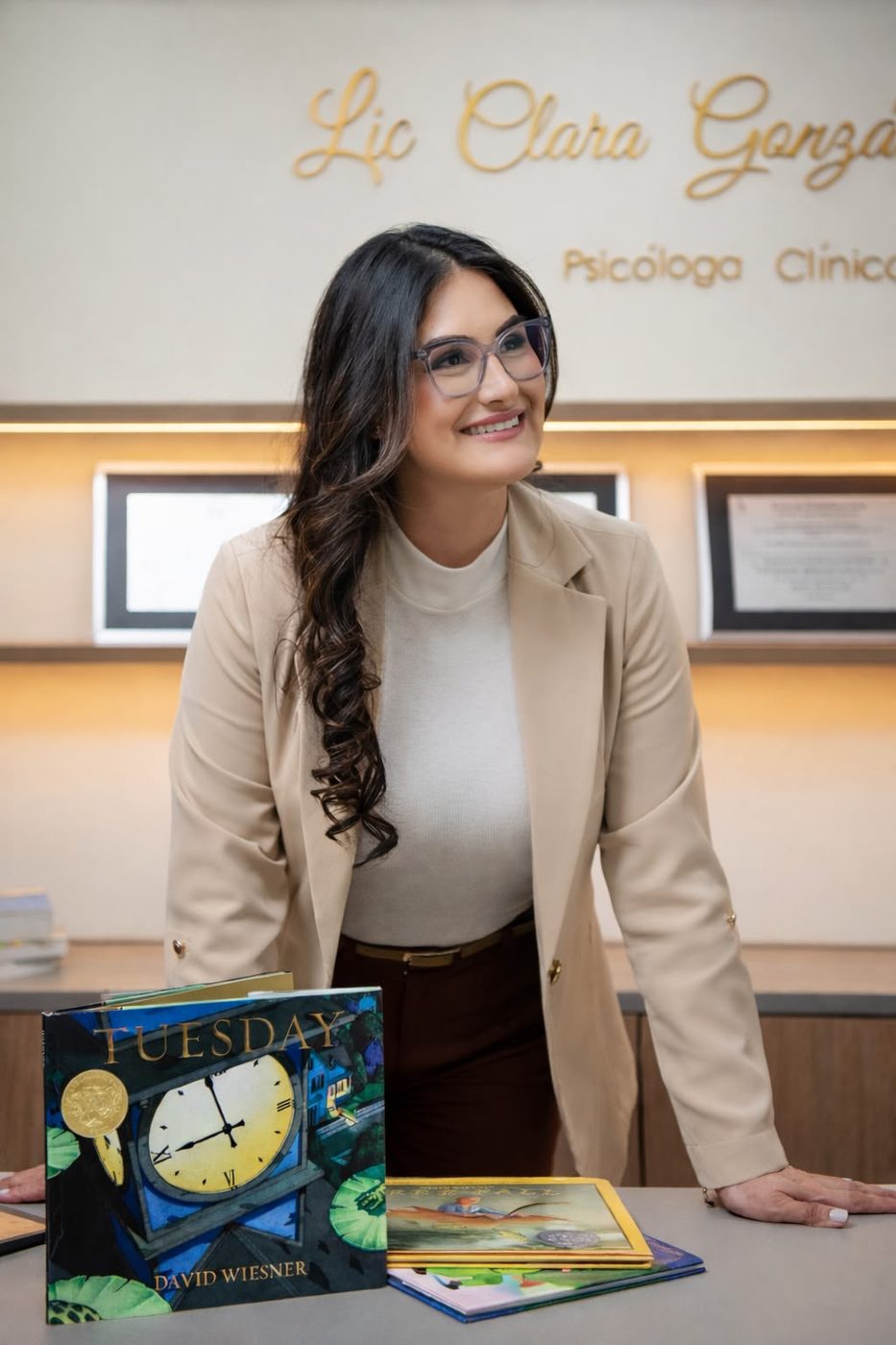 La Lic. Clara González sonríe en su consultorio, delante del cartel dorado con su nombre