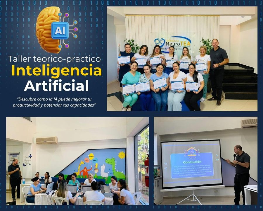 Participantes del taller de inteligencia artificial aplicada a la práctica profesional, trabajando con sus notebooks en la sede de la clínica