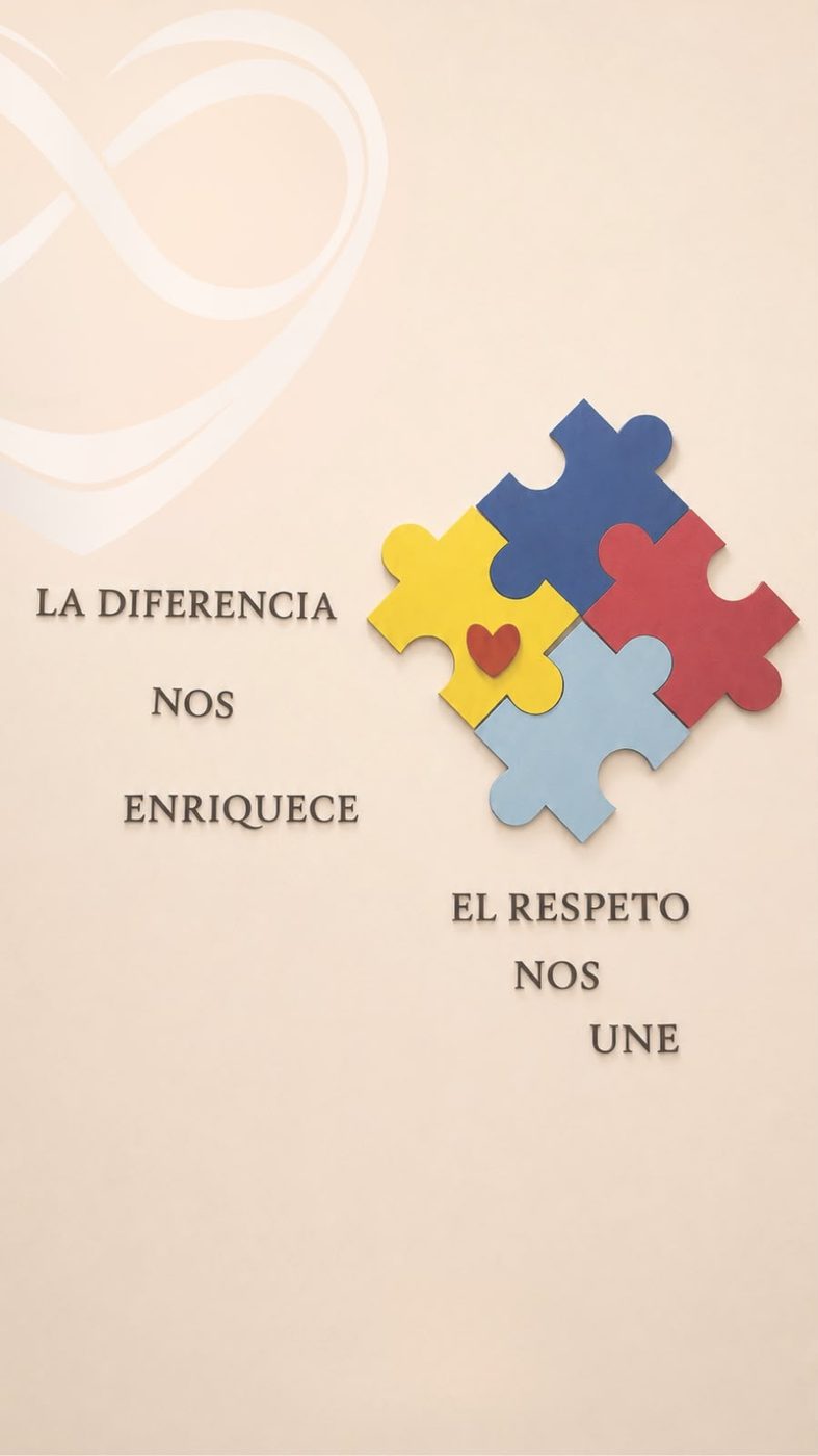 Pared decorada con piezas de rompecabezas y la frase: La diferencia nos enriquece, el respeto nos une