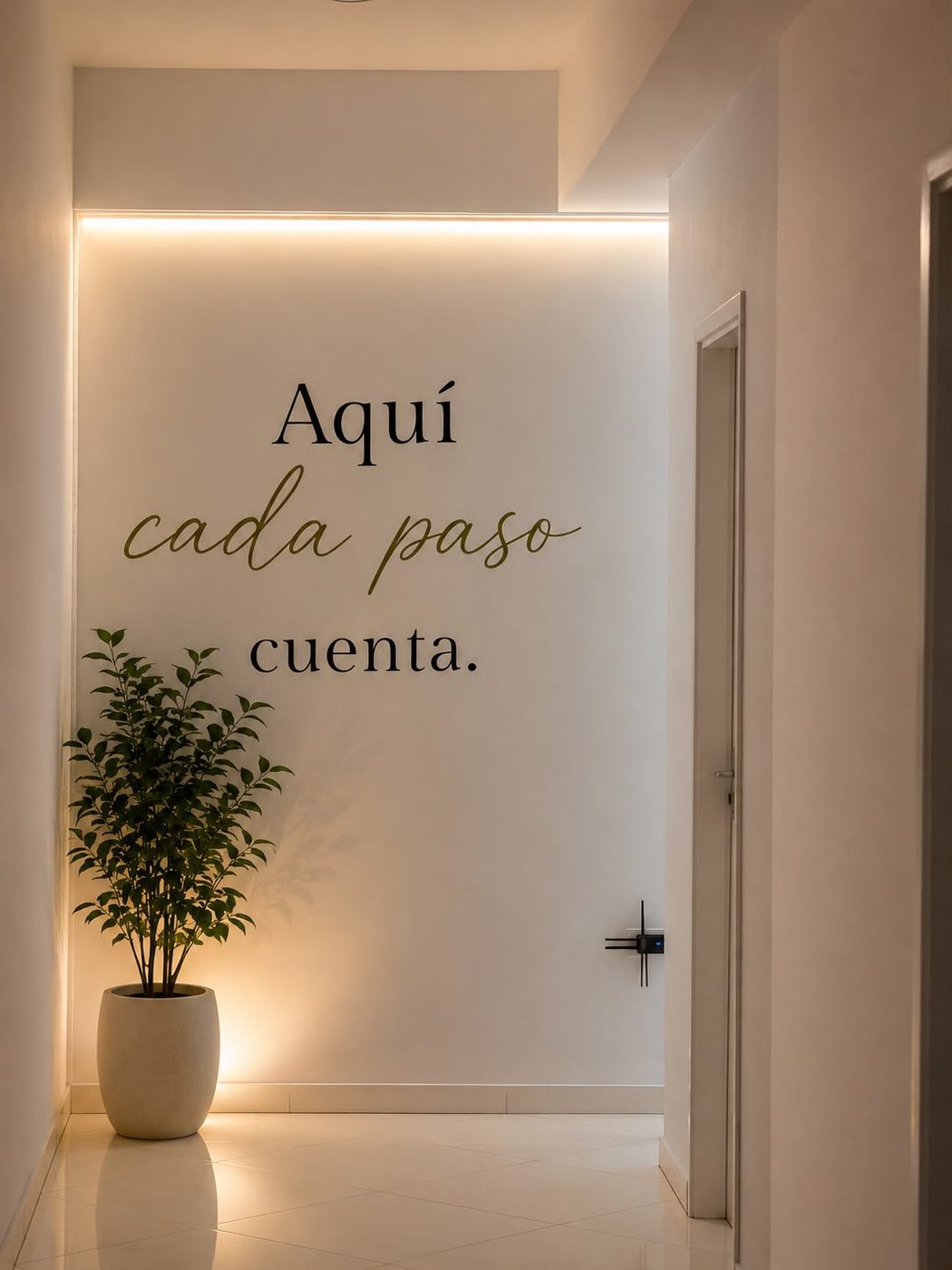 Pasillo interior con una planta y la frase pintada en la pared: Aquí cada paso cuenta