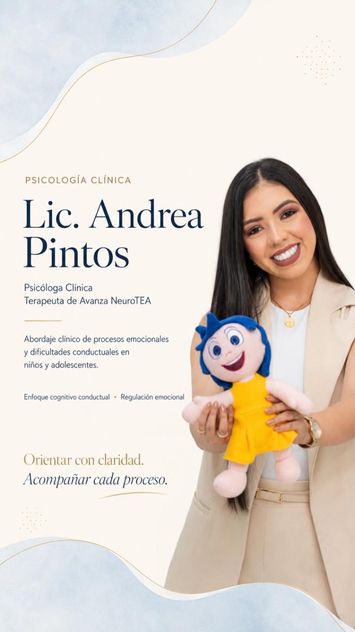 Ficha profesional de la Lic. Andrea Pintos, psicóloga clínica: procesos emocionales y dificultades conductuales en niños y adolescentes