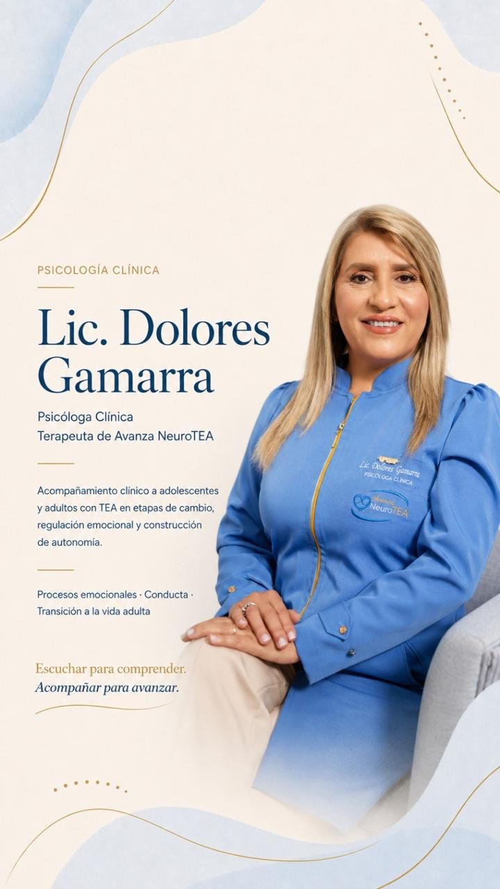 Ficha profesional de la Lic. Dolores Gamarra, psicóloga clínica: adolescentes y adultos con TEA, regulación emocional y autonomía
