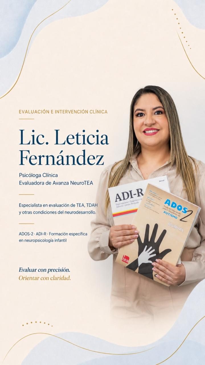 Ficha profesional de la Lic. Leticia Fernández, psicóloga clínica y evaluadora: ADOS-2, ADI-R y neuropsicología infantil